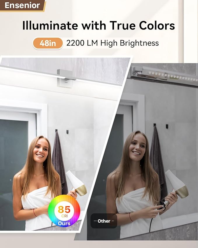 Ensenior Modern Bathroom Vanity Light 48 Inch, Built-in Dimmer, 28W Dimmable 5CCT LED Light Fixture Over Mirror, Matte Grey Bar for Mirror Cabinets Bedroom - FCC Certificated