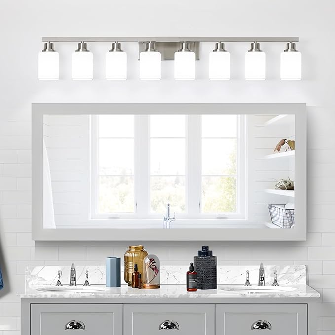 8-Light Bathroom Vanity Light,Brushed Nickel Vanity Lights with Square Frosted Glass,Modern Wall Lights Fixtures Over Mirror,Wall Sconces Lighting for Bedroom Living Room,E26
