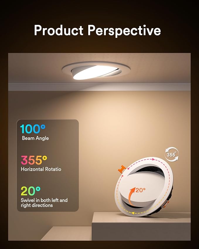 Lumary Smart Gimbal Recessed Lighting 4 Inch with Remote, 355°+20° Adjustable RGBWW WiFi Ceiling Light, Work with Alexa Google, Canless LED Downlight with J-Box, 9W 780LM CRI90, 4 Pack