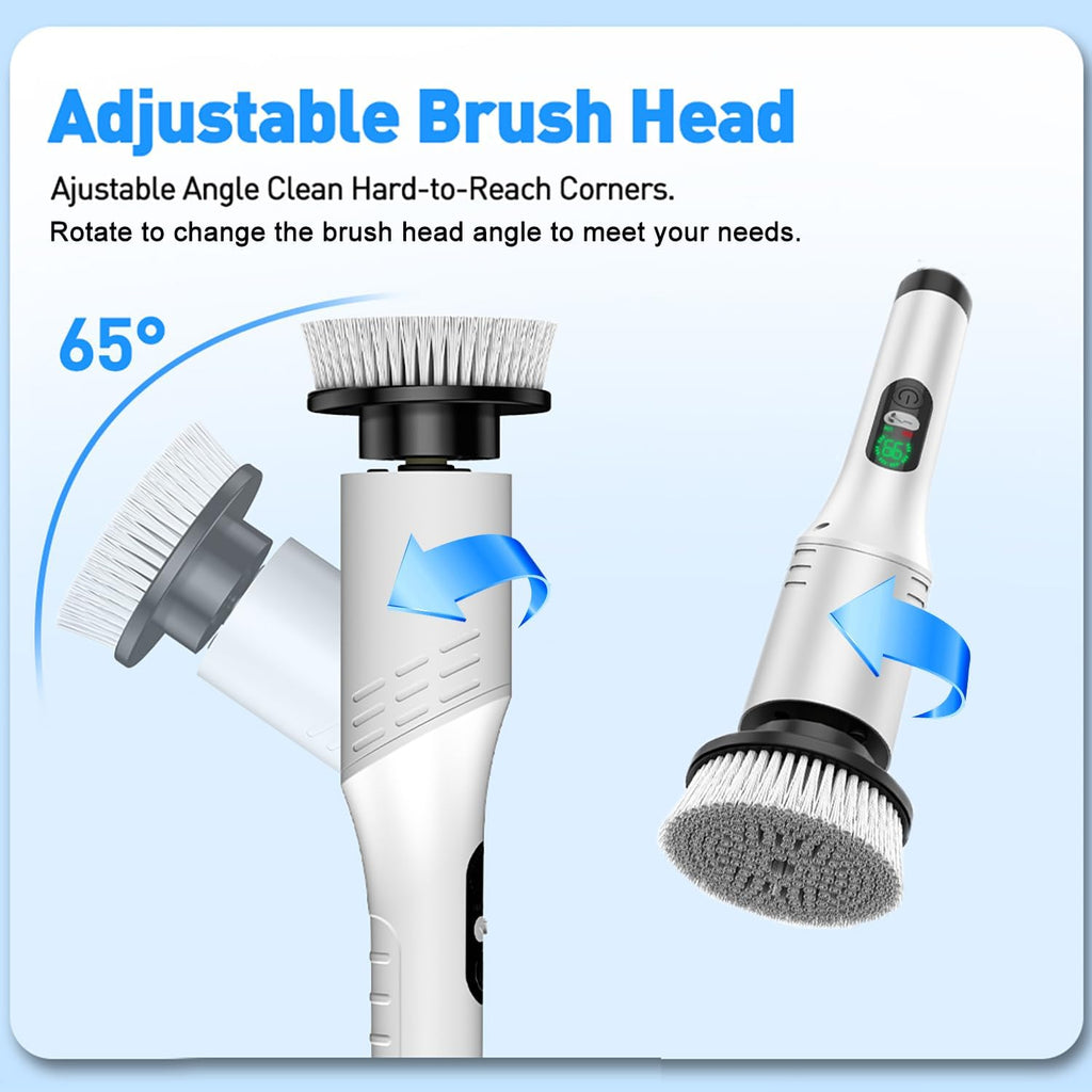 IPX7 Waterproof Electric Spin Scrubber, Power Cleaner with 9 Brush Heads, LED Battery Display, 2 Speeds Adjustable Long Handle for Kitchen Bathroom, Shower, Tile & Car Cleaning (A-White)