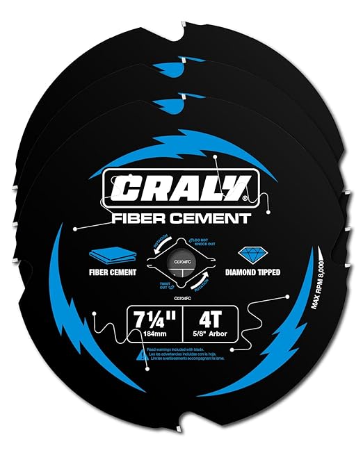 CRALY 7-1/4 Inch 4 Teeth Hardie Fiber Cement Circular Saw Blade, 5/8 Inch Arbor, Polycrystalline Diamond Tipped (PCD), Thin Kerf, Black Ice™ Coating, for Laminate Flooring, 3-Pack(C0704FC-3)