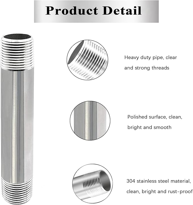 GeilSpace 3/4" x 18" Stainless Steel Pipe, 304 Pipe Nipple Fits Standard 3/4 Inch Threaded Pipes and Fittings, DIY Industrial Metal tube (2 PCS)