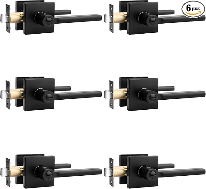 Probrico Privacy Black Door Handle Interior Lockset Heavy Duty Square Door Lever for Bedroom or Bathroom Reversible Keyless Slim Handleset Door Knob 6 Pack