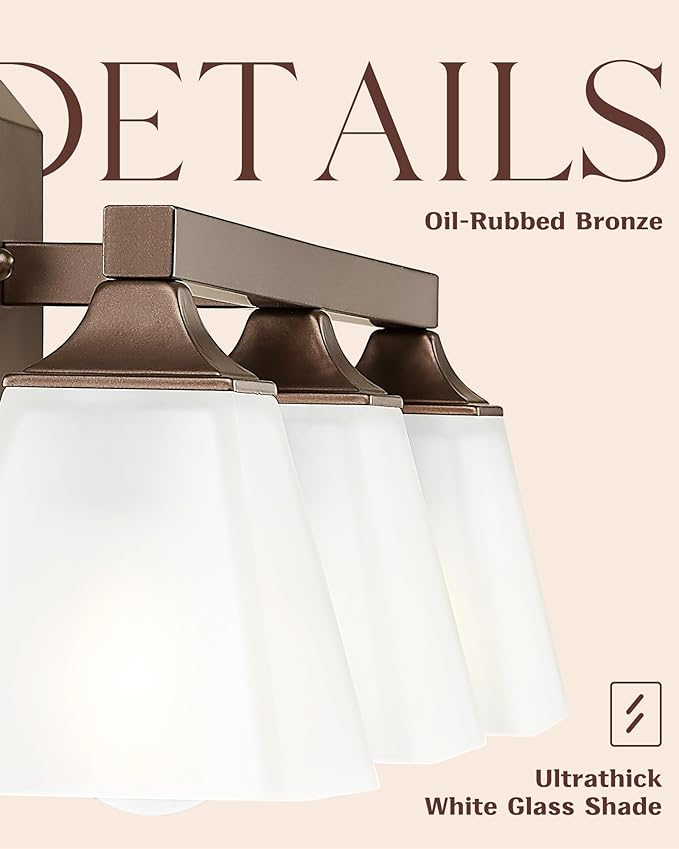 Bathroom Lighting Fixtures, HWH 3-Light Vanity Light Fixture Over Mirror, Farmhouse Wall Sconce Lighting with Frosted White Square Bell Glass, Oil-Rubbed Bronze Finish, 5HY68BG1-3W ORB