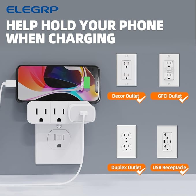 ELEGRP Triple Outlet Extender, 3-Prong Grounded Wall Tab, Multiple Outlet Extender Adapter Plug with 3 Electrical Outlets for Travel Home Hotel Office, ETL Listed, 3 Pack, White