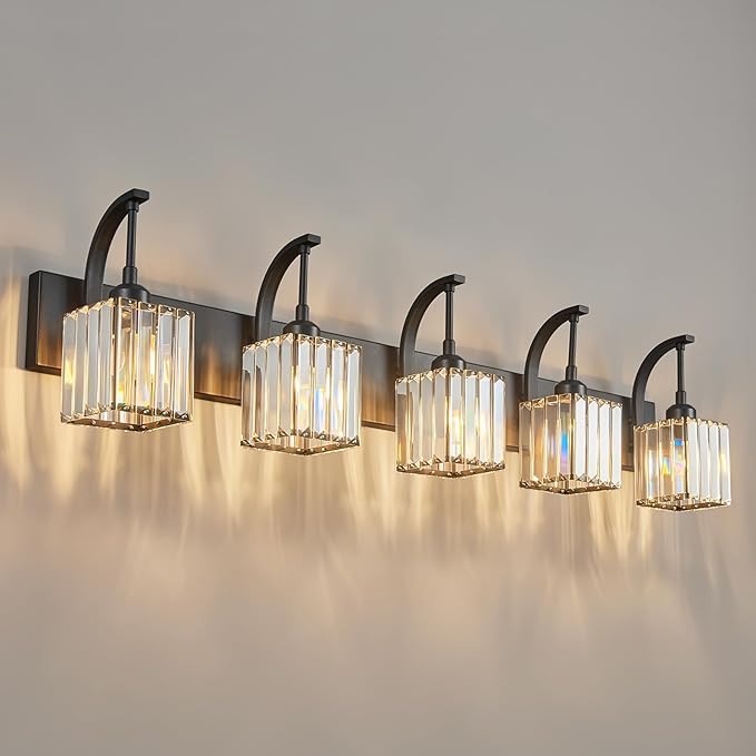 5-Light Crystal Vanity Light, Modern Black Bathroom Wall Sconce with K9 Crystal Shades, 42.51" Long Over Mirror Lighting for Vanity, Makeup, Hallway, Elegant & Easy Installation