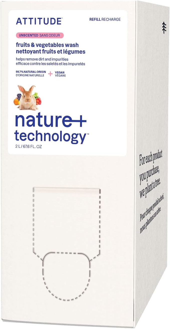 ATTITUDE Fruit & Vegetable Wash Refill, Food-Safe Produce Wash, Removes Dirt & Residue, Vegan & Plant-Based Ingredients, Unscented, 67.6 Fl Oz