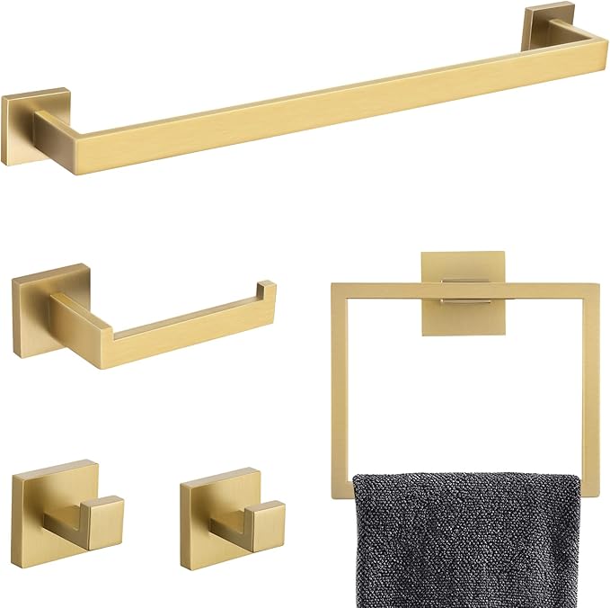 TNOMS Brushed Gold Towel Bar Set Bathroom Hardware Set, 5 Pieces Gold Bathroom Accessories Set Stainless Steel Wall Mounted Towel Holder for Bathroom 23.6in