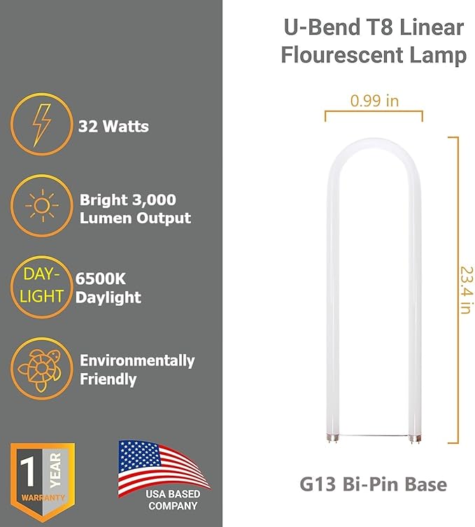 Diodesy- U-Bend T8 Fluorescent Tube Light Bulb 32W 3000 Lumens 6500K Daylight G13 Miniature Bi-Pin Base Rohs Compliant Pack of 12- U Shaped Linear Replacement Lamp