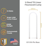 Diodesy- U-Bend T8 Fluorescent Tube Light Bulb 32W 3000 Lumens 6500K Daylight G13 Miniature Bi-Pin Base Rohs Compliant Pack of 12- U Shaped Linear Replacement Lamp