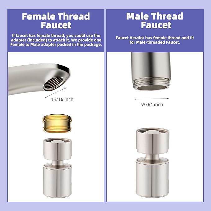 Hibbent NSF/ANSI/CAN 61 Certified Faucet Aerator, CUPC Certification 360 Degree Swivel Kitchen Sink Aerator, 2-Flow Sprayer Faucet Replacement Part 55/64 Inch Female Thread - Brushed Nickel