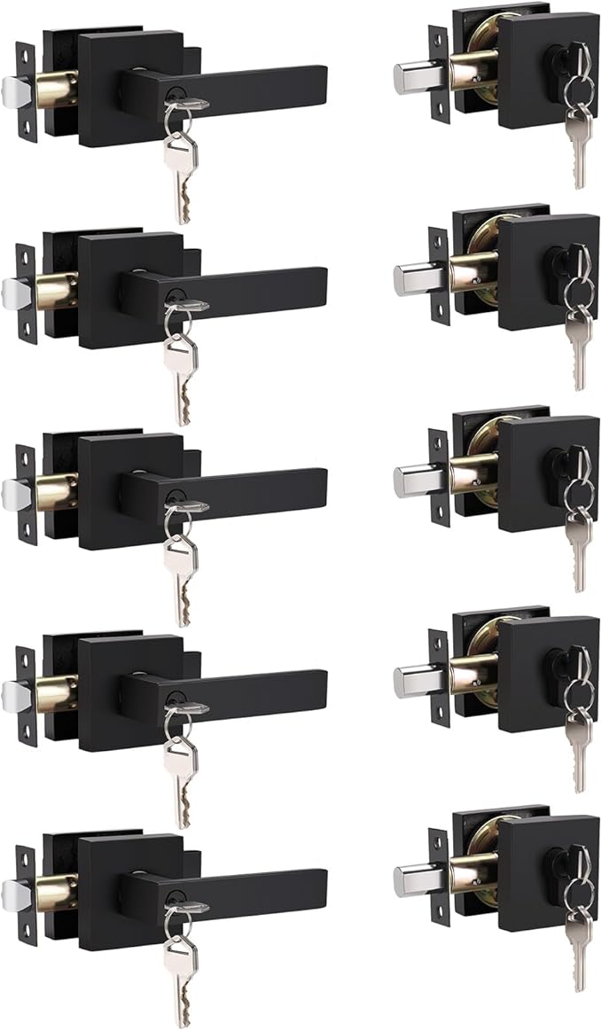 5 Pack Keyed Entry Door Lever and Double Cylinder Deadbolt Set, Keyed Alike Reversible Lockset, Matte Black Square Interior/Exterior Handleset for Bedroom, Front Door