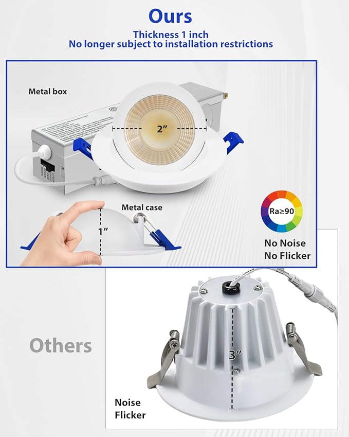 Adetu 2 Inch 5CCT Gimbal Led Recessed Lighting with Junction Box, 360°+90° Adjustable Recessed Can Lights, 2700K/3000K/3500K/4000K/5000K Selectable, 5W Eqv 50W, 550LM Brightness - ETL (White, 1 Pack)