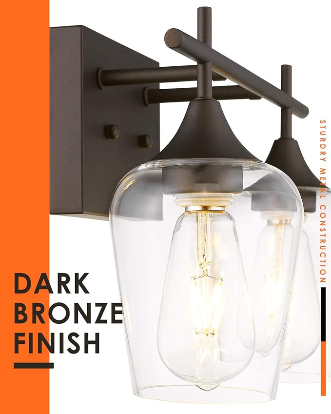 Oil Rubbed Bronze Bathroom Light Fixture, 2 Lights Bathroom Vanity Lights Over Mirror with Clear Glass, Farmhouse Bath Wall Sconce Light, WL9167-2A