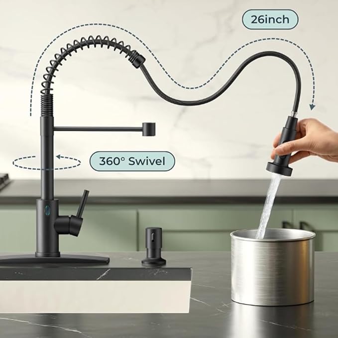 Touch-Less Kitchen Faucet, 3 Modes Pull Down Sprayer, LED Temperature Control,Motion Sensor Activated,Ceramic Valve,360-Degree Rotation,1 or 3 Hole Deck Plate. 10-Year Warranty. (KW-79RR, Black)