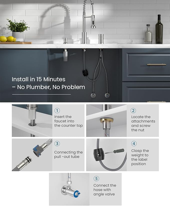 APPASO Kitchen Faucet 3 Holes, Brushed Nickel S304 Stainless Steel Spring 3 Piece Sink Faucets with Separate Side Handle, Pull Down Sprayer and Soap Dispenser, 2 Spray Modes and Easy-Installation