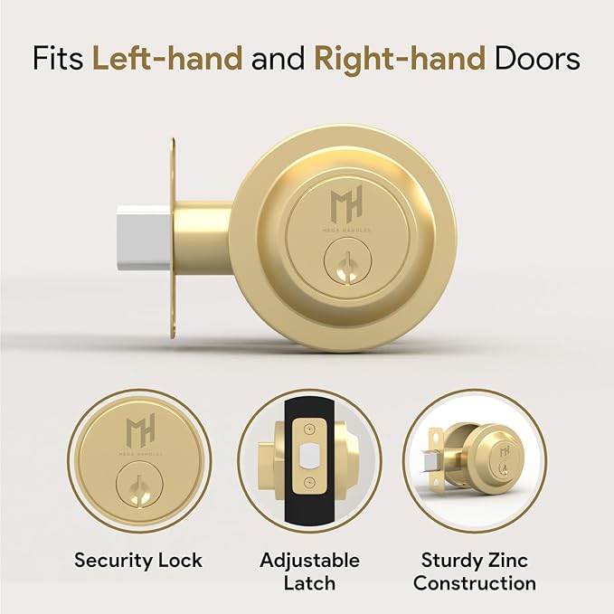 Mega Handles - Ronn Entrance Deadbolt I Deadbolt for Entry Lever Door Handle - Heavy Duty Round Lock for Left or Right-Handed Doors - Interior/Exterior Door Lever Deadbolt- Satin Brass