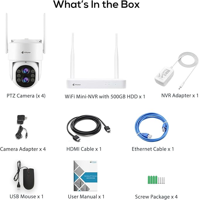 Kittyhok PTZ Wireless Security Camera System | 4pcs Dual Lens 2K Security Camera Wireless Outdoor with 10X Zoom, WiFi6 2.4G/5G, Auto Tracking, Human Detection, Spotlight | 10CH NVR with 500GB HDD