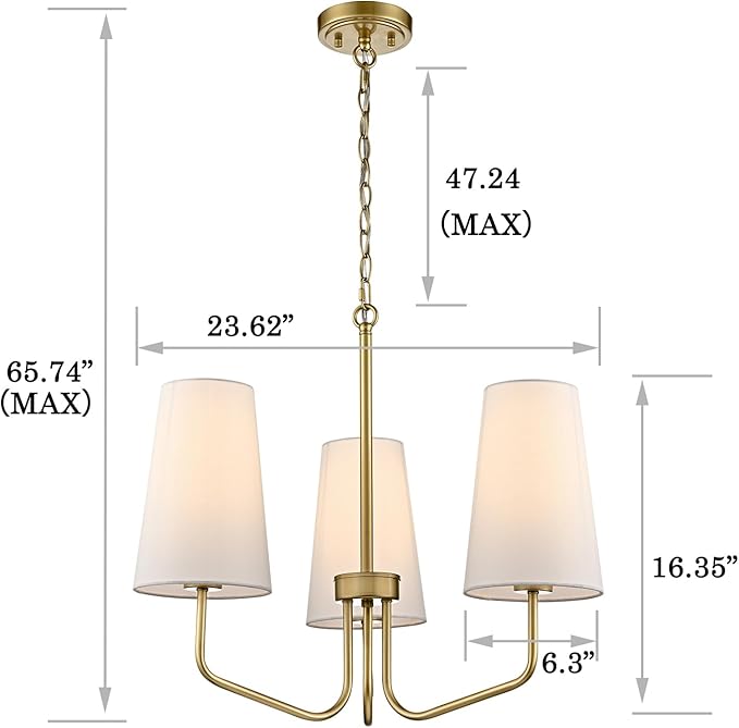Modern Gold 3-Light Chandelier with Fabric Shade Chandelier E26 Pendant Light for Living Room, Entryway, Living Room,Bedroom Adjustable
