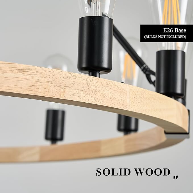 16-Light Wood Wagon Wheel Chandelier Farmhouse Natural, 43.3'' Black Metal Pendant Chandeliers Wooden Rustic Light Fixtures for High Ceiling Living Dining Room Foyer Entryway