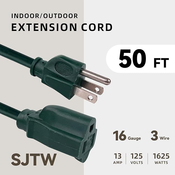 50ft Outdoor Extension Cord for Christmas Decorations- 16/3 Heavy Duty SJTW Waterproof Green Electrical Cable with 3 Prong Grounded Plug for Safety, Great for Lawn and Major Appliances