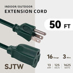 50ft Outdoor Extension Cord for Christmas Decorations- 16/3 Heavy Duty SJTW Waterproof Green Electrical Cable with 3 Prong Grounded Plug for Safety, Great for Lawn and Major Appliances