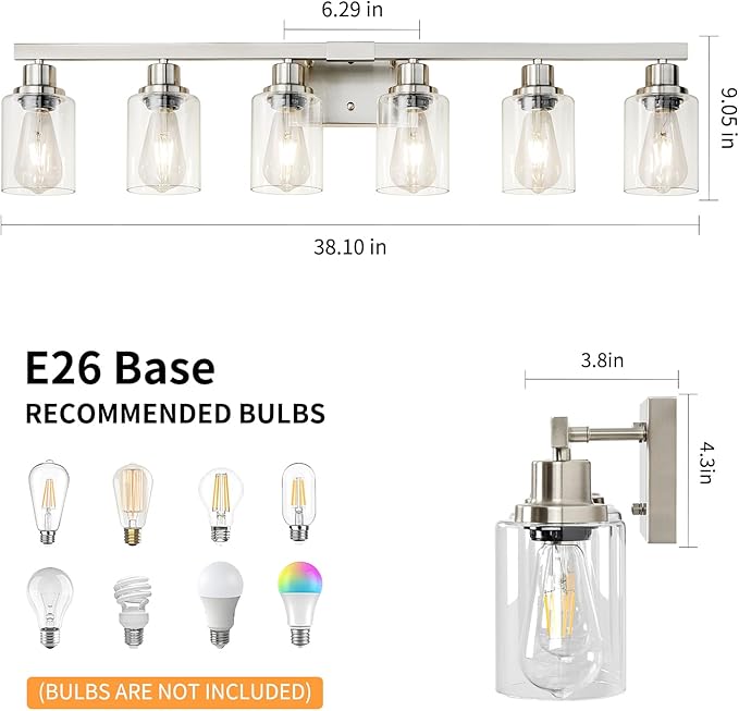 Bathroom Vanity Light, 6-Light Nickel Modern Matte Wall Sconce Lighting with Clear Glass Shade, Wall Lights,Bath Vintage Wall Mounted Lamps for Mirror Bedroom Living Room