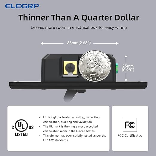 ELEGRP Digital Toggle Dimmer Switch for Dimmable LED, CFL and Incandescent Light Bulbs, Single Pole or 3-Way Toggle LED Dimmer Light Switch, Wall Plate Included, UL Listed, 2 Pack, Black