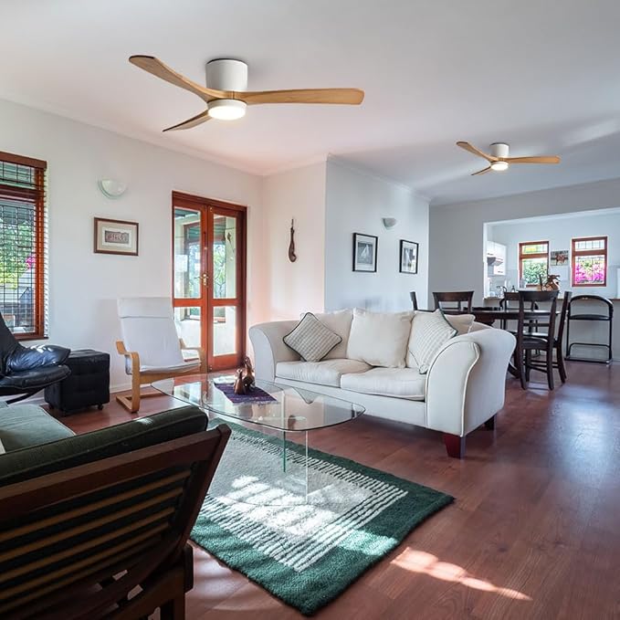 48in Quiet Ceiling Fans with Lights ETL Listed Remote Ceiling Fan Light 6 Gear Wind Speed Ceiling Fans White LED Ceiling Lights Fan Lighting Wooden Blades for Living Room Dining Room Bedroom