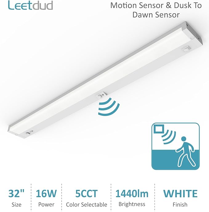 LED Under Cabinet Lighting Motion Sensored Hardwired with Built-in Dimmer, 32 Inch 16W Dimmable 5 Color 2700/3000/3500/4000/5000K, Linkable Eyes Care for Kitchen, Counter, ETL Listed, White