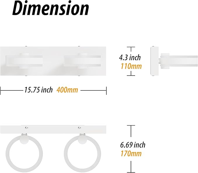 LED Bathroom Light Fixtures,15inch White Vanity Lights, Modern 2 Light Acrylic Wall Sconces, 350° Rotatable Wall Lighting Fixture Over Mirror