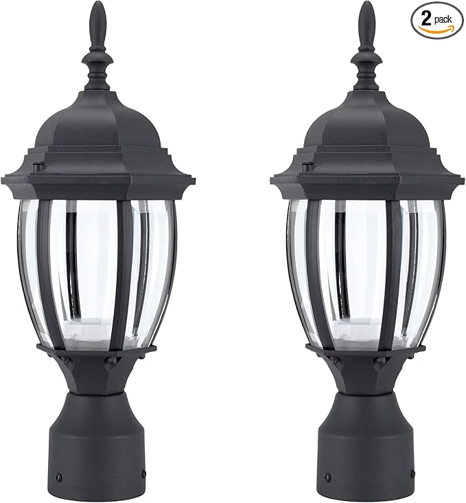 LIT-PaTH LED Outdoor Post Lighting Fixture, Pole Lantern, 9.5W 800 Lumens, 5000K Daylight White, Aluminum Housing Plus Glass, Matte Black Finish, 2-Pack