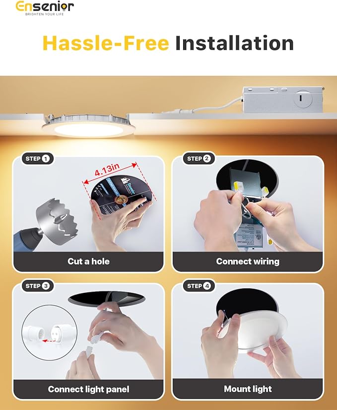 Ensenior 16 Pack 4 Inch LED Recessed Ceiling Light, Dimmable, 3000K Warm White, 750LM 9W 120V, High Brightness Canless Wafer Downlight - ETL&FCC&IC