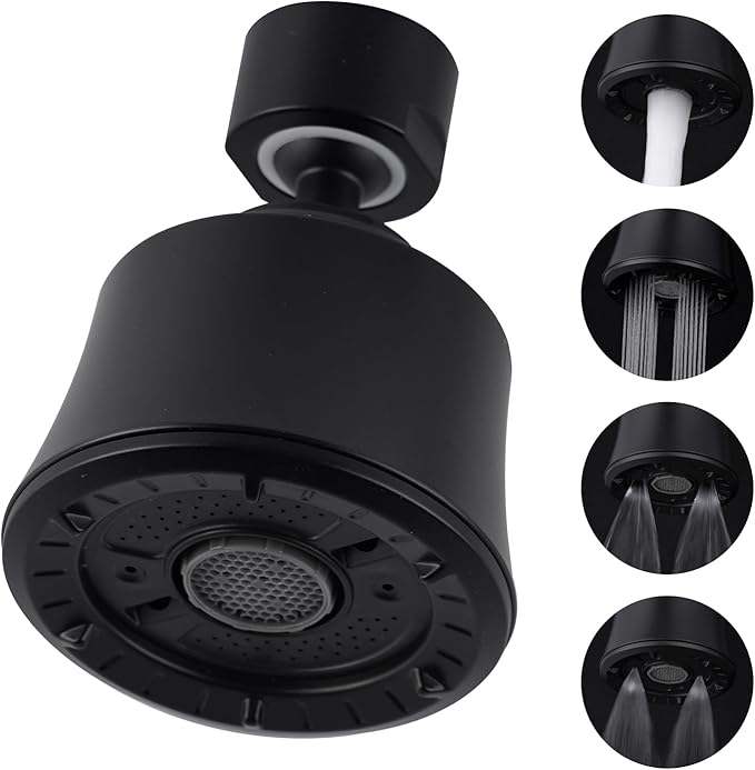 iFealClear Kitchen Sink Faucet Head, 360° Faucet Sprayer Attachment, Large Angle Rotatable Kitchen Faucet Aerator with 2 Ball Joint, 4 Spray Modes, Extra Male Female Thread Adapters, Matte Black