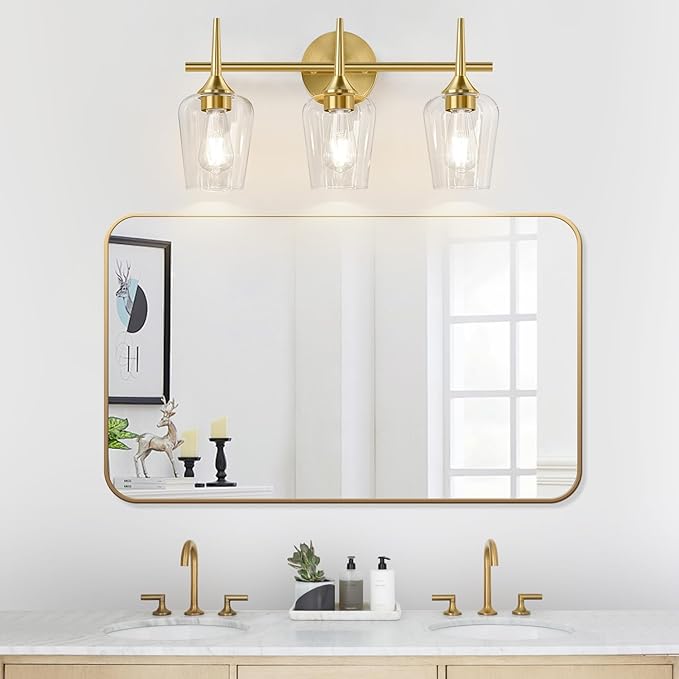 3-Light Bathroom Light Fixtures, 19.5 Inch Brushed Gold Vanity Lights with Wine-Glass Shape, Bathroom Lights Over Mirror, Modern Wall Lamps for Bedroom Living Room Hallway