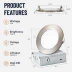 12 Pack Recessed Lighting 4 Inch with Junction Box, 5CCT 4 Inch Brushed Nickel LED Recessed Lights Dimmable 2700K-6000K, 9W 700lm Ultra Thin Recessed Lighting - ETL and Energy Star Certified