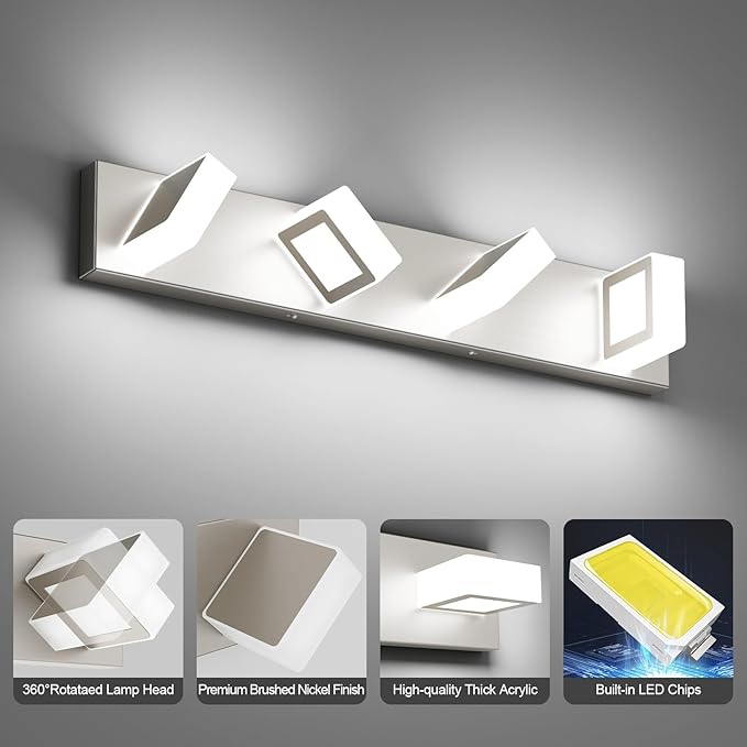 Ralbay 4-Light Brushed Nickel Vanity Light for Bathroom Metal Acrylic Modern LED Bathroom Light Fixtures