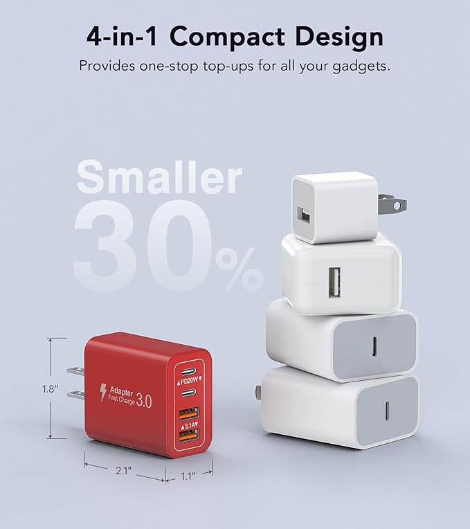 40W USB C Wall Charger, 2-Pack Super Fast Charging Block PD+QC 4 Port Charger Cube for iPhone 17/16,iPad Pro/Mini/Air, iPod Nano, iPod Touch, Switch, Smart Phone, Smartwatches and Tablet(Red)