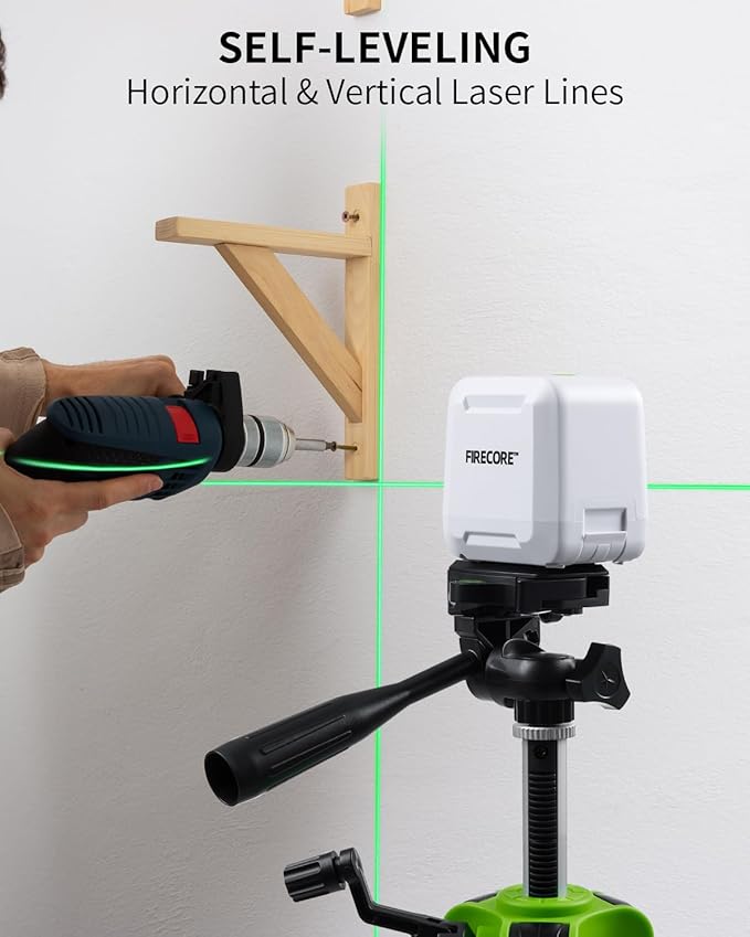 Laser Level with 50" Tripod, Firecore Self Leveling Cross Line Laser Level, Green Lazer Leveler Tool for Hanging Pictures Shelves DIY Projects, Battery and Carry Pouch Included