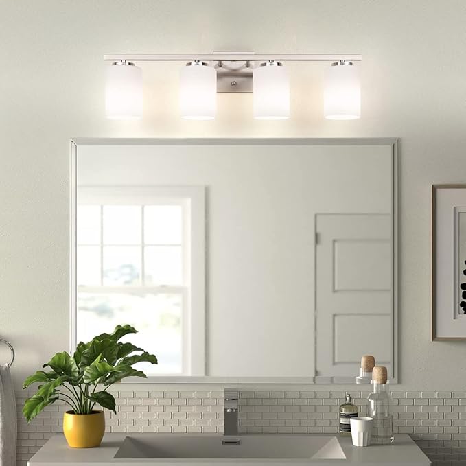 mirrea 28in 4-Light Modern Bathroom Vanity Light with Etched White Glass Shades Brushed Nickel Finished Light Fixture