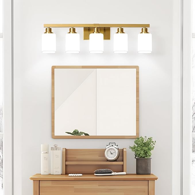 Brushed Gold Bathroom Vanity Light,5-Light Bathroom Light Fixtures with Square Frosted Glass,Gold Bathroom Wall Lamp Sconces for Mirror Bedroom,Living Room Hallway,E26