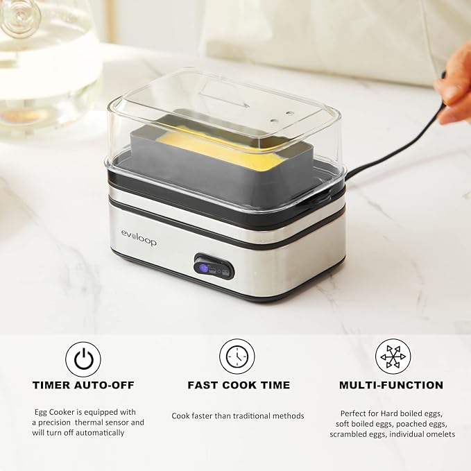 Evoloop Rapid Egg Cooker Electric 6 Eggs Capacity, Soft, Medium, Hard Boiled, Poacher, Omelet Maker Egg Poacher With Auto Shut-Off, BPA Free