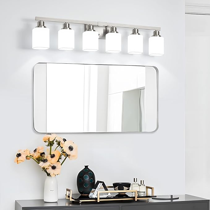 6-Light Bathroom Vanity Light,Brushed Nickel Vanity Lights with Square Frosted Glass,Modern Bathroom Wall Lights Fixtures Over Mirror,Wall Sconces Lighting for Bedroom Living Room,E26