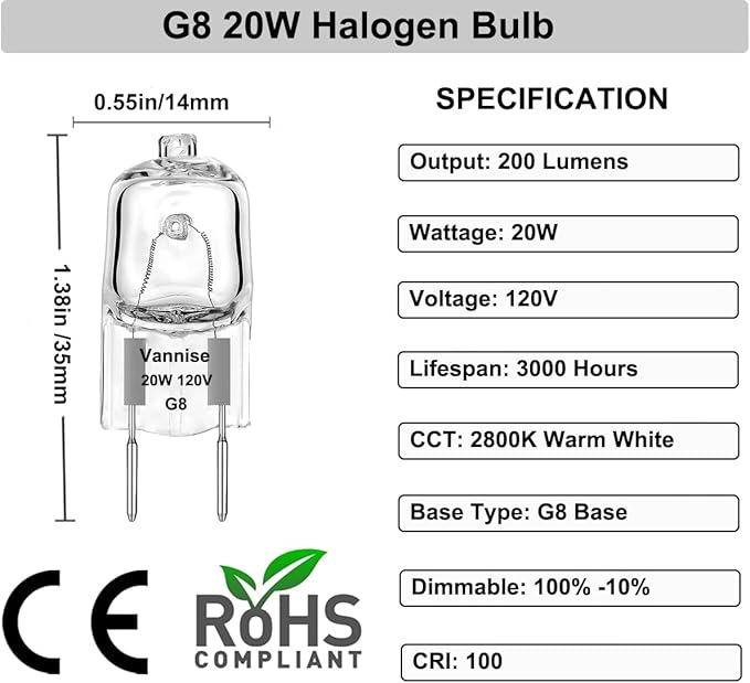 G8 Halogen Bulb 20W Warm White- 10 Pack Long Lasting G8 Bulb 120V 20W, Halogen Bulbs 2 Pin G8 Dimmable for Under Cabinet Puck Lighting Replacements, G 8 Light Bulb with G 8 Base