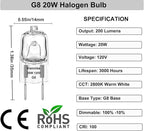 G8 Halogen Bulb 20W Warm White- 10 Pack Long Lasting G8 Bulb 120V 20W, Halogen Bulbs 2 Pin G8 Dimmable for Under Cabinet Puck Lighting Replacements, G 8 Light Bulb with G 8 Base