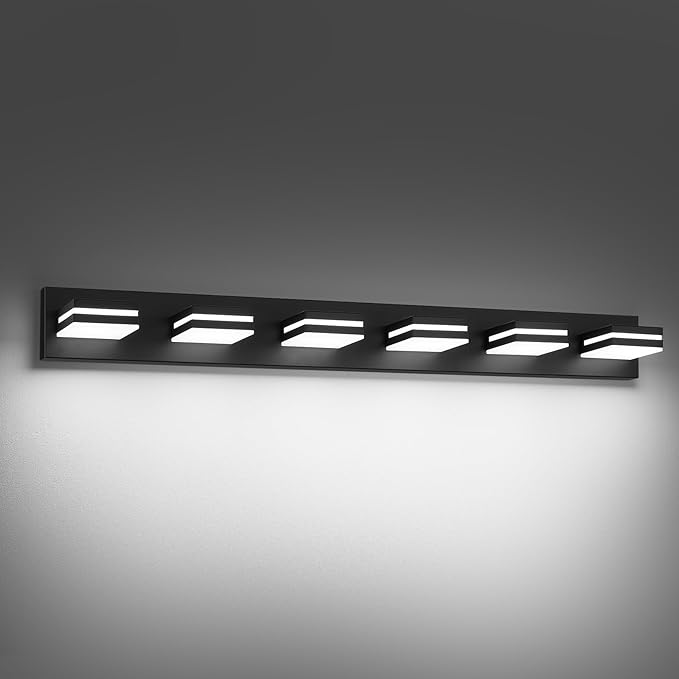 Modern LED Bathroom Lights Fixtures(6-Light),Metal Black Acrylic Wall Lighting,Vanity Lights for Bathroom Over Mirror(6000k 41In