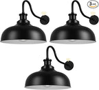 Dusk to Dawn Outdoor Gooseneck Barn Light,16 Inch Dome Outdoor Wall Sconce Farmhouse Exterior Wall Mount Light Wall Lighting Fixture Industrial Black Wall Lantern for Porch Garage, 3 Pack