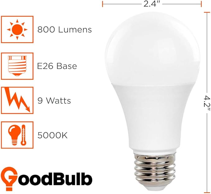 GoodBulb LED A19 Light Bulbs | 9 Watt (60 Watt Equivalent) | E26 Base | Daylight 5000K | EcoSmart Lights | High Output 825 Lumens | 6 Pack