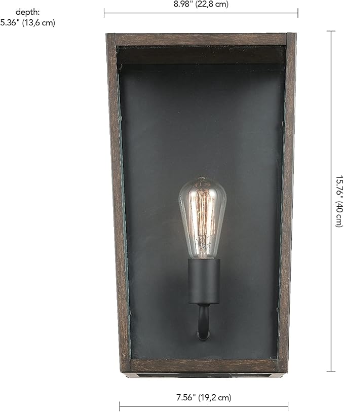 GLOBE Electric 44788 Greer 1-Light Outdoor Wall Sconce, Matte Black, Faux Wood Accents, Clear Glass Shade