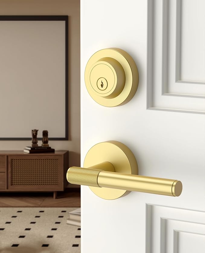 Asidrama Premium Brushed Gold Zinc-Alloy Front Door Lock Set: Double Cylinder Deadbolt, Heavy Duty Security Handleset for Left/Right Exterior Doors, Universal Entry Locks (2 Pack)